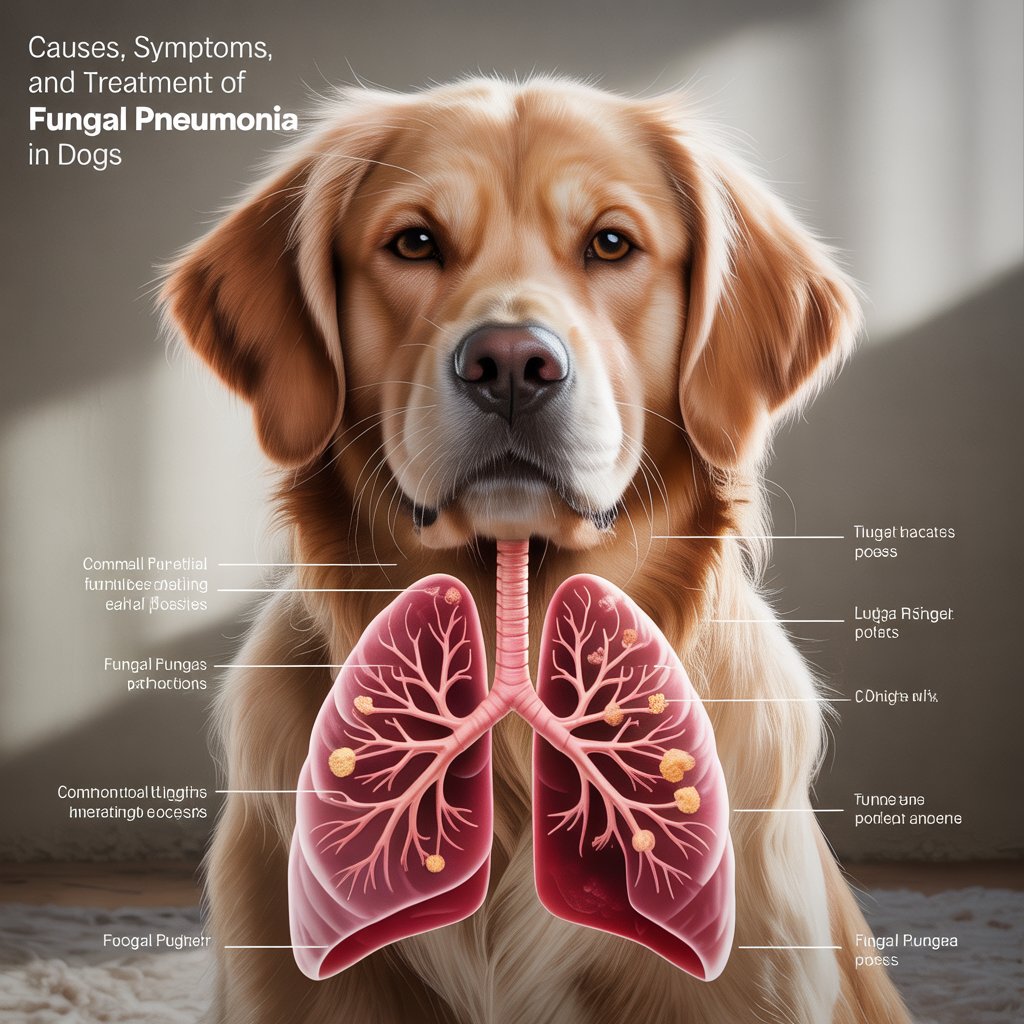 Sick dog lying down with tired eyes and labored breathing, showing symptoms of fungal pneumonia