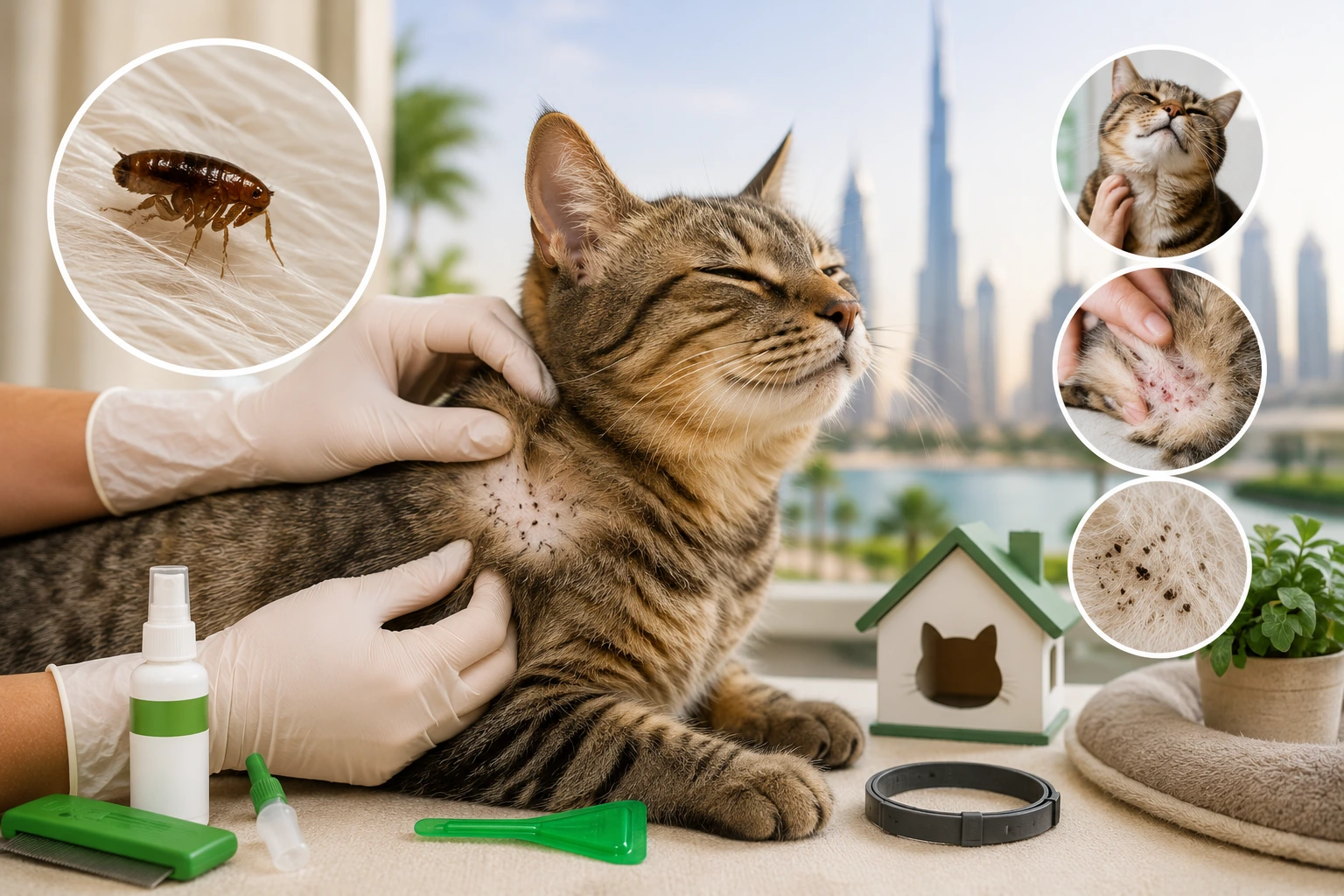 Tabby cat being examined for fleas with visible flea dirt and skin irritation, alongside flea treatment products and grooming tools.