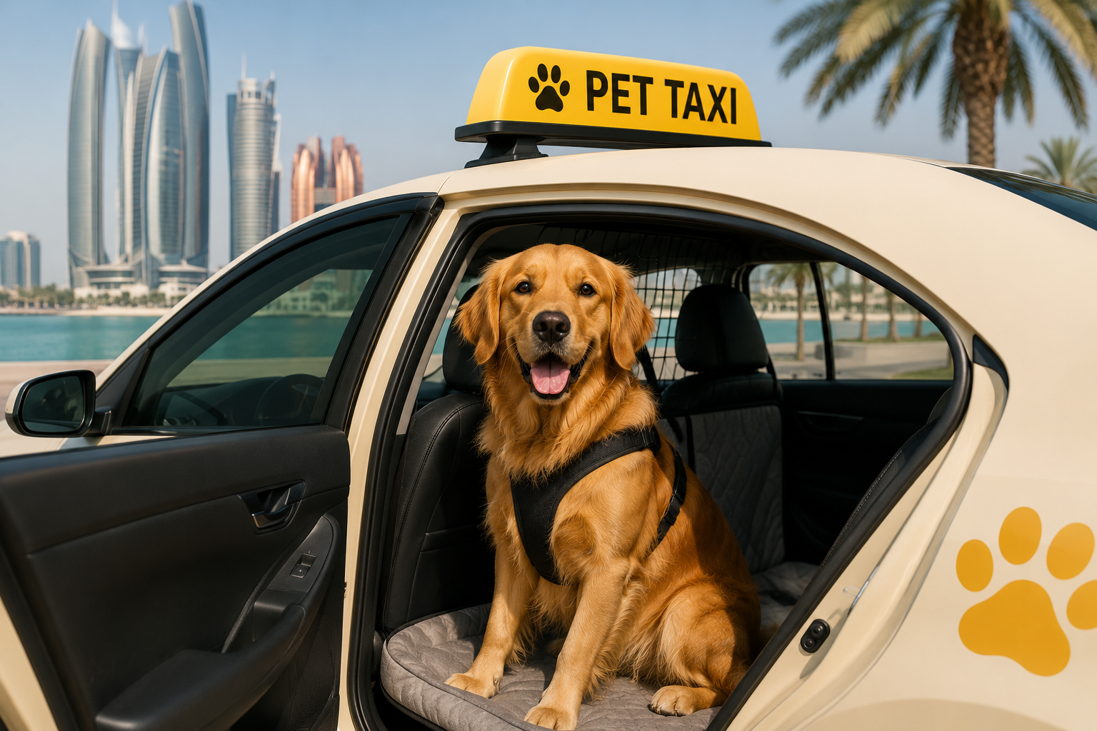 A Dog sitting safely inside a pet transportation vehicle in Abu Dhabi with a modern city skyline in the background.